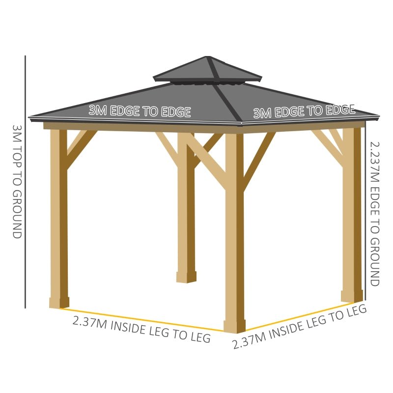3m x 3m Timber Hardtop Gazebo with Galvanised Steel Roof - Wooden Garden Pavilion with Double Tier Roof