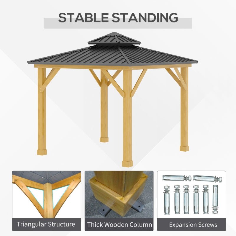 3m x 3m Timber Hardtop Gazebo with Galvanised Steel Roof - Wooden Garden Pavilion with Double Tier Roof