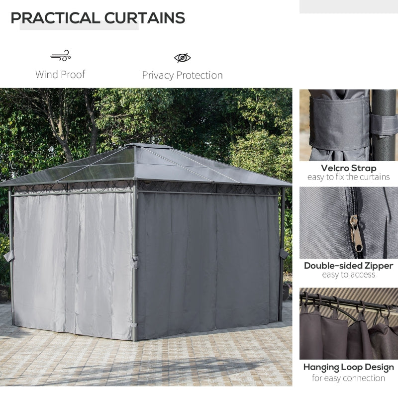 3.6m x 3m Grey Polycarbonate Hardtop Garden Gazebo with Privacy Curtains & Steel Frame