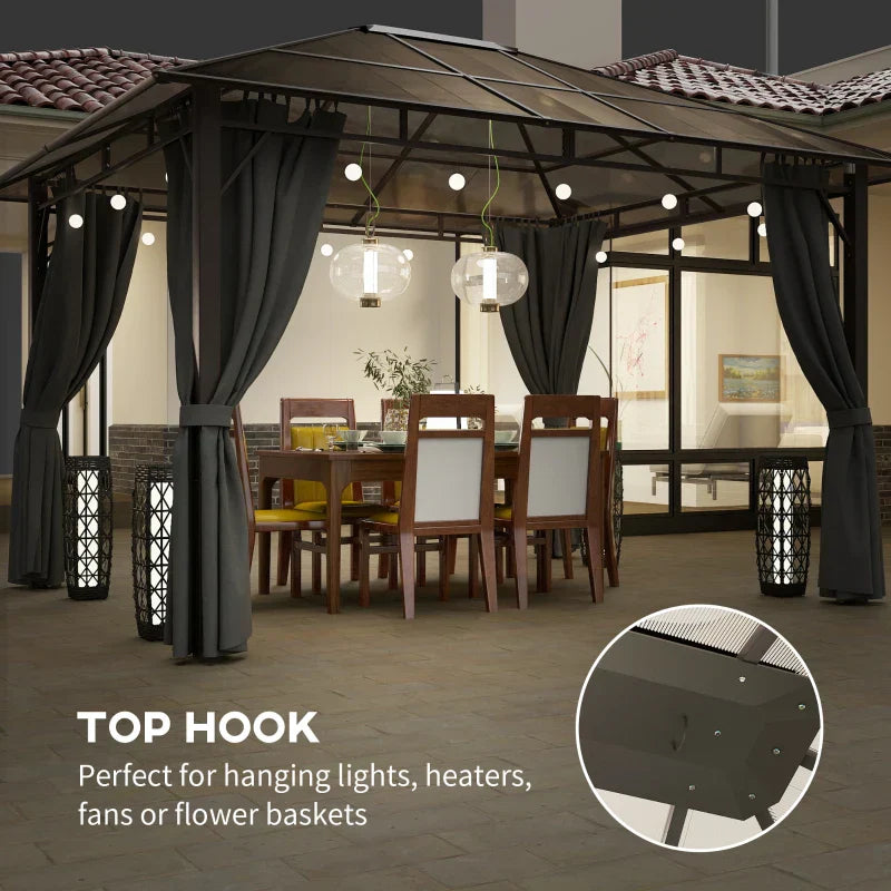 Dark Grey 3m x 3.6m Hardtop Gazebo – Polycarbonate Roof Garden Pavilion with Removable Privacy Curtains