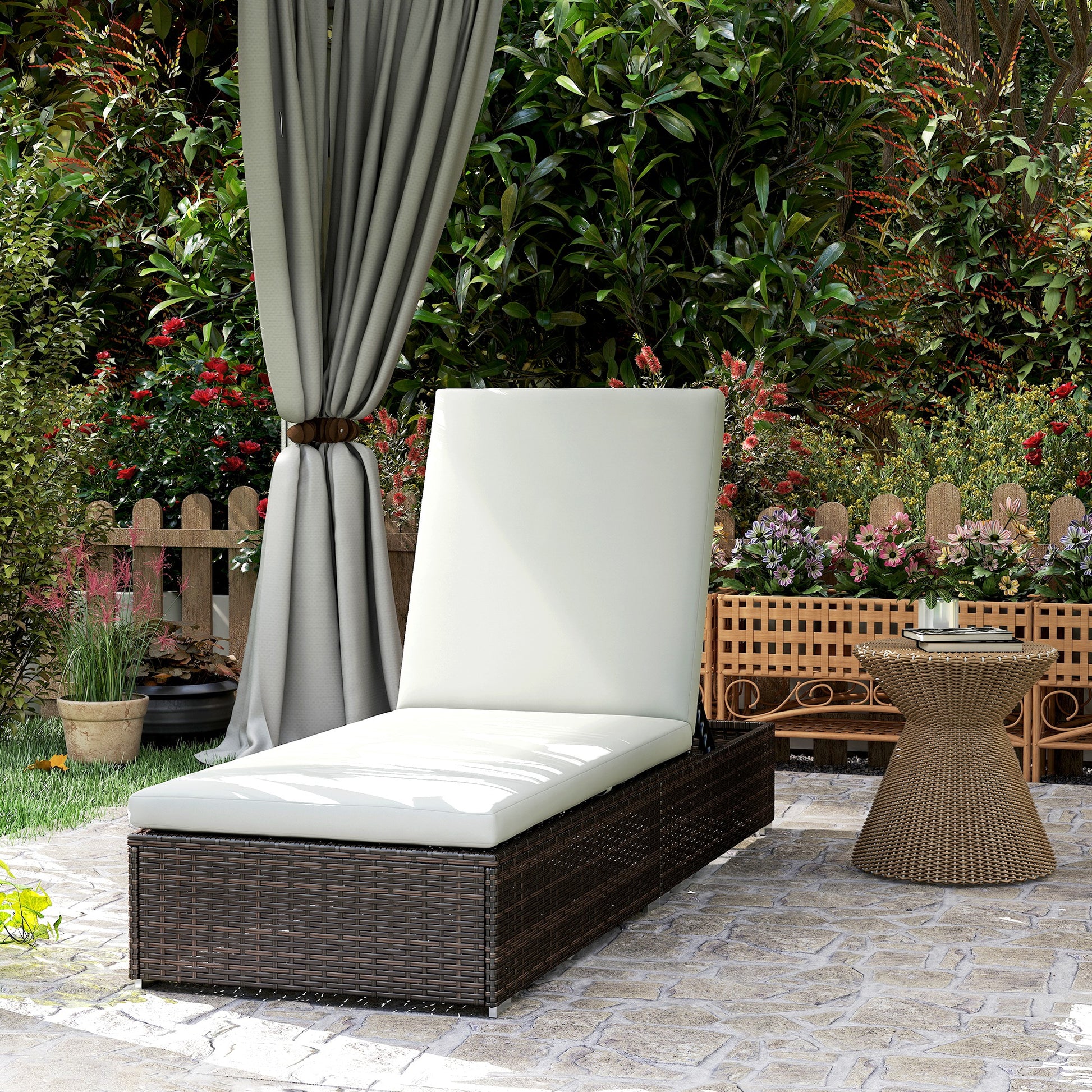 Mediterraneo PE Rattan Sun Lounger, Five-level Adjustable Recliner Bed Chair with Soft Padded Cushion for Patio