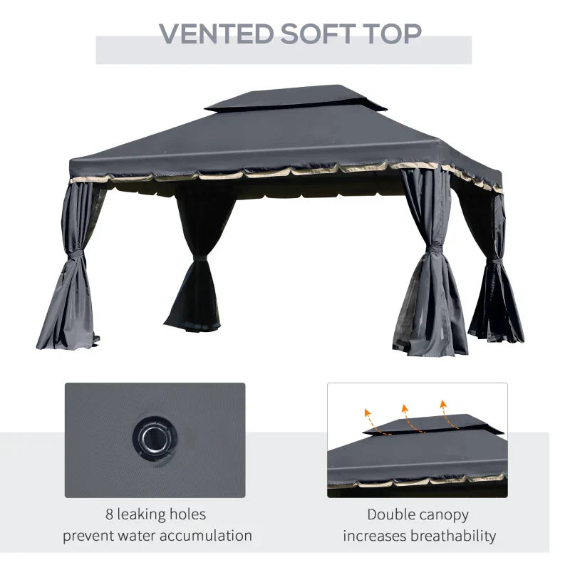 Black 3m x 4m Aluminium Gazebo – Outdoor Garden Pavilion with Double Tier Roof, Curtains and Insect Netting