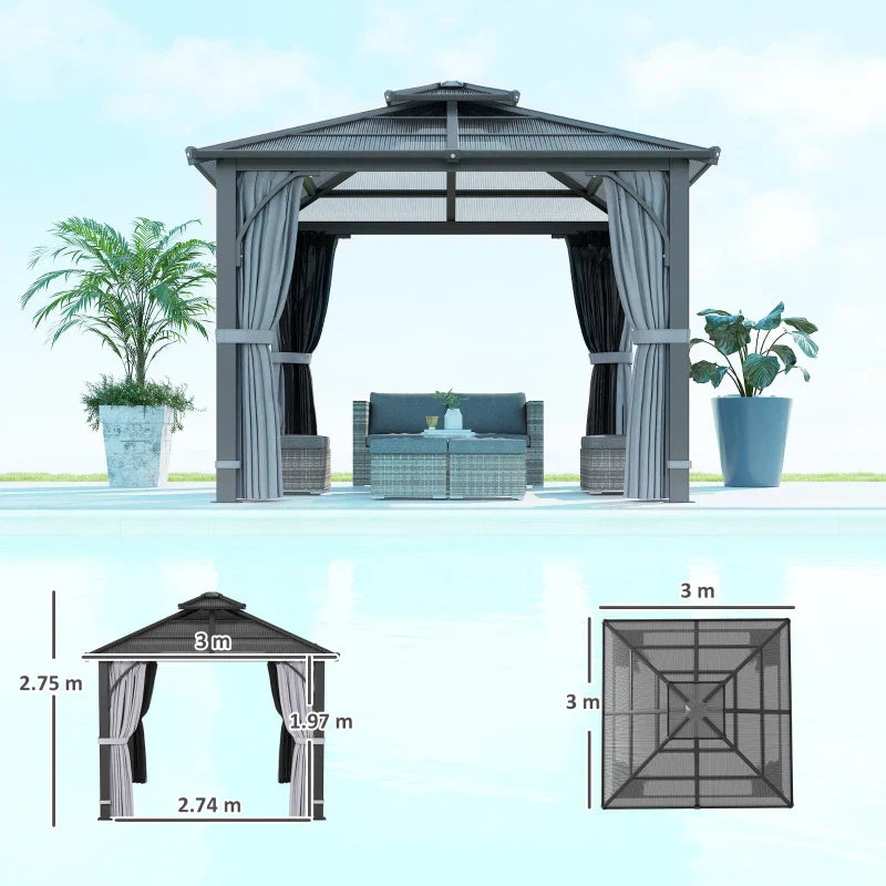3x3m Brown Polycarbonate Hardtop Gazebo Garden Pavilion – Heavy Duty Metal Frame Shelter with Curtains & Mosquito Netting