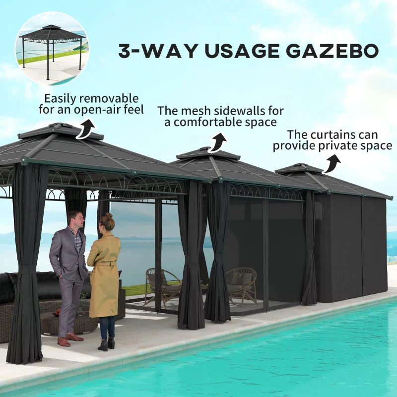 3m x 3m Dark Grey Hardtop Garden Gazebo with Polycarbonate Double Roof, Steel Frame, Privacy Curtains & Insect Netting Outdoor Pavilion