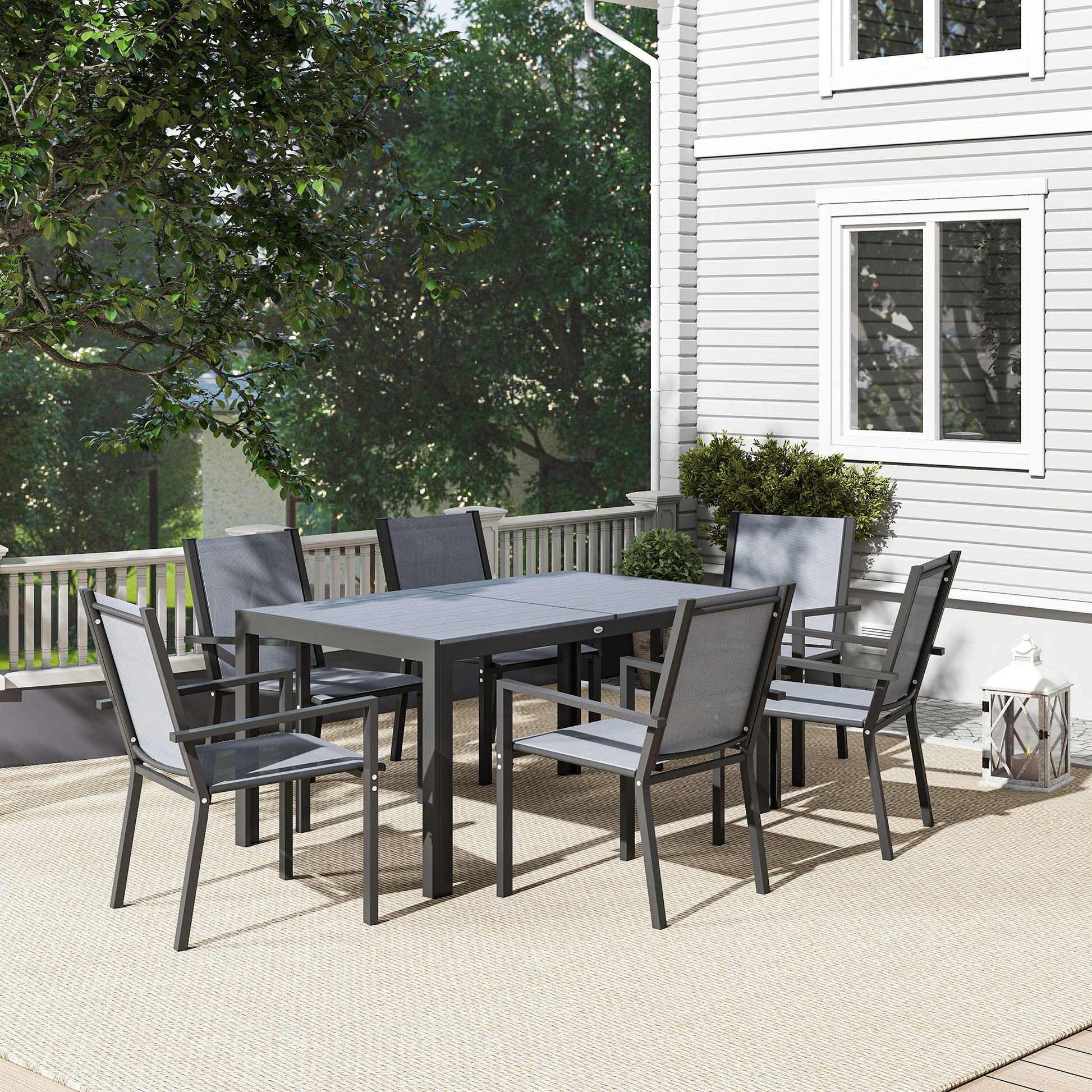 Outsunny Seven-Piece Garden Dining Set, with Plastic Wood-Top Table - Grey