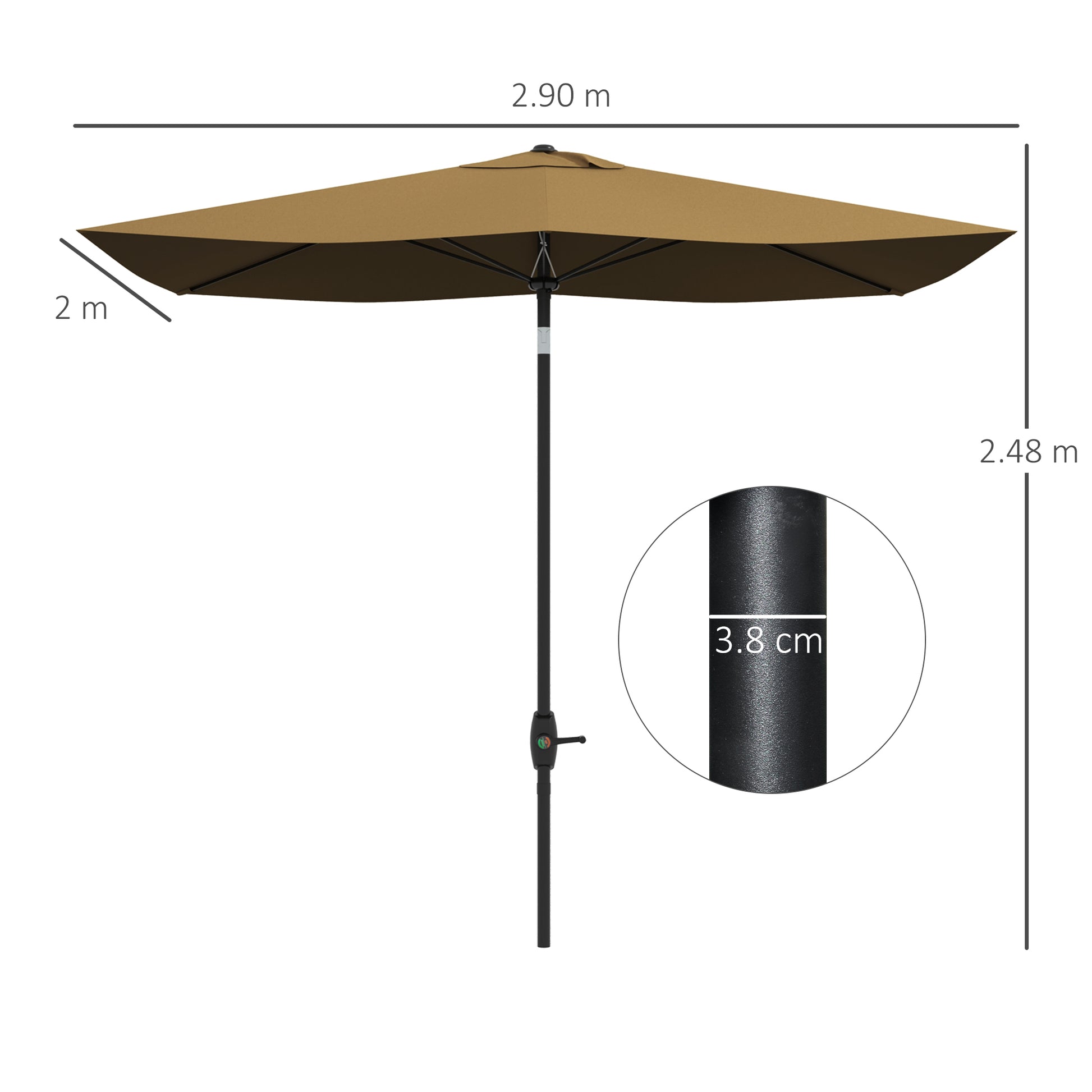 Outsunny 3 x 2 m Garden Parasol Umbrella with Aluminium Pole, UPF 50+ Rectangular Outdoor Table Parasol Sun Shade with Crank & Push Button Tilt, Metal Ribs, Brown