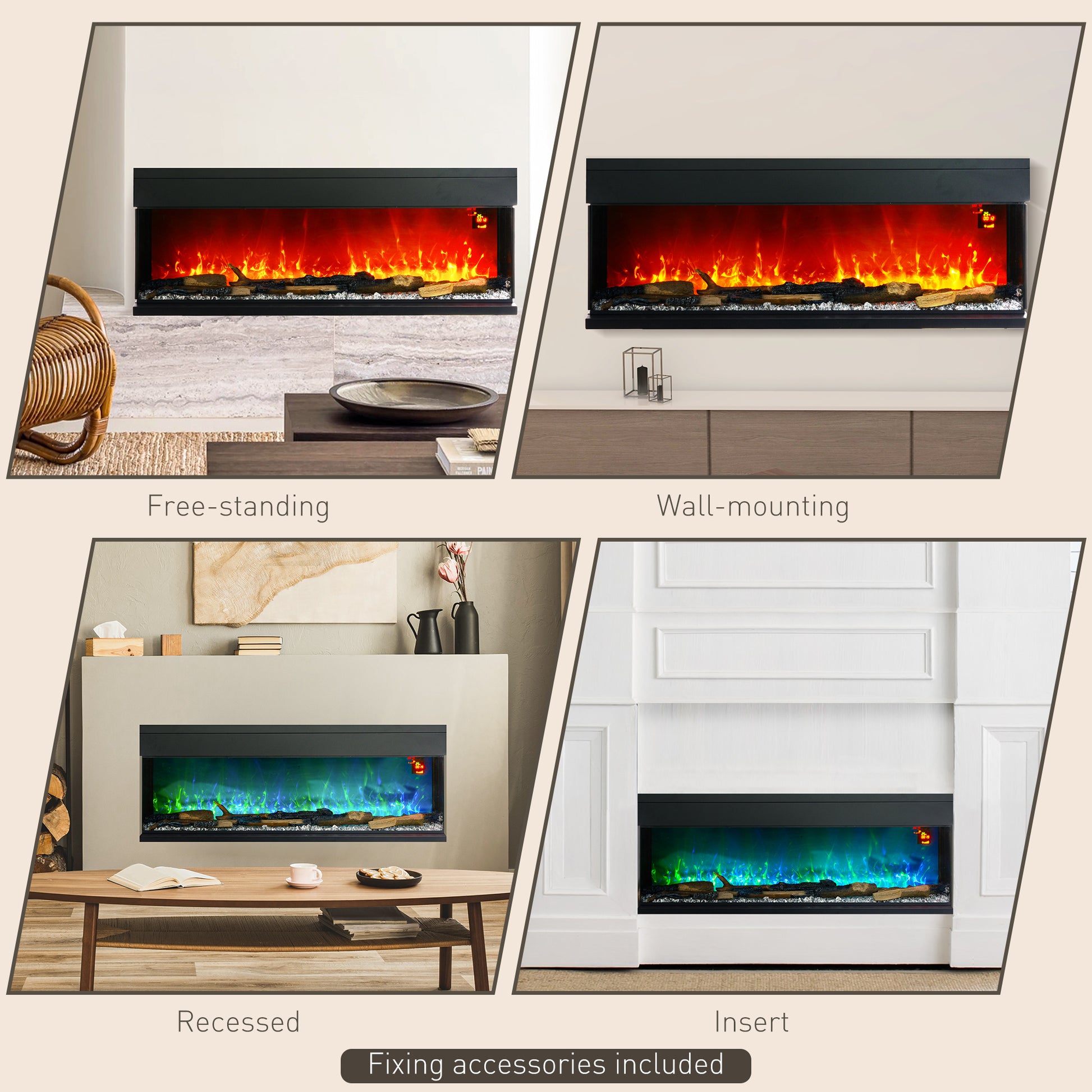 HOMCOM 1800W 15-40°C Adjustable Flame Glass Panel Convector Heater, 152cm