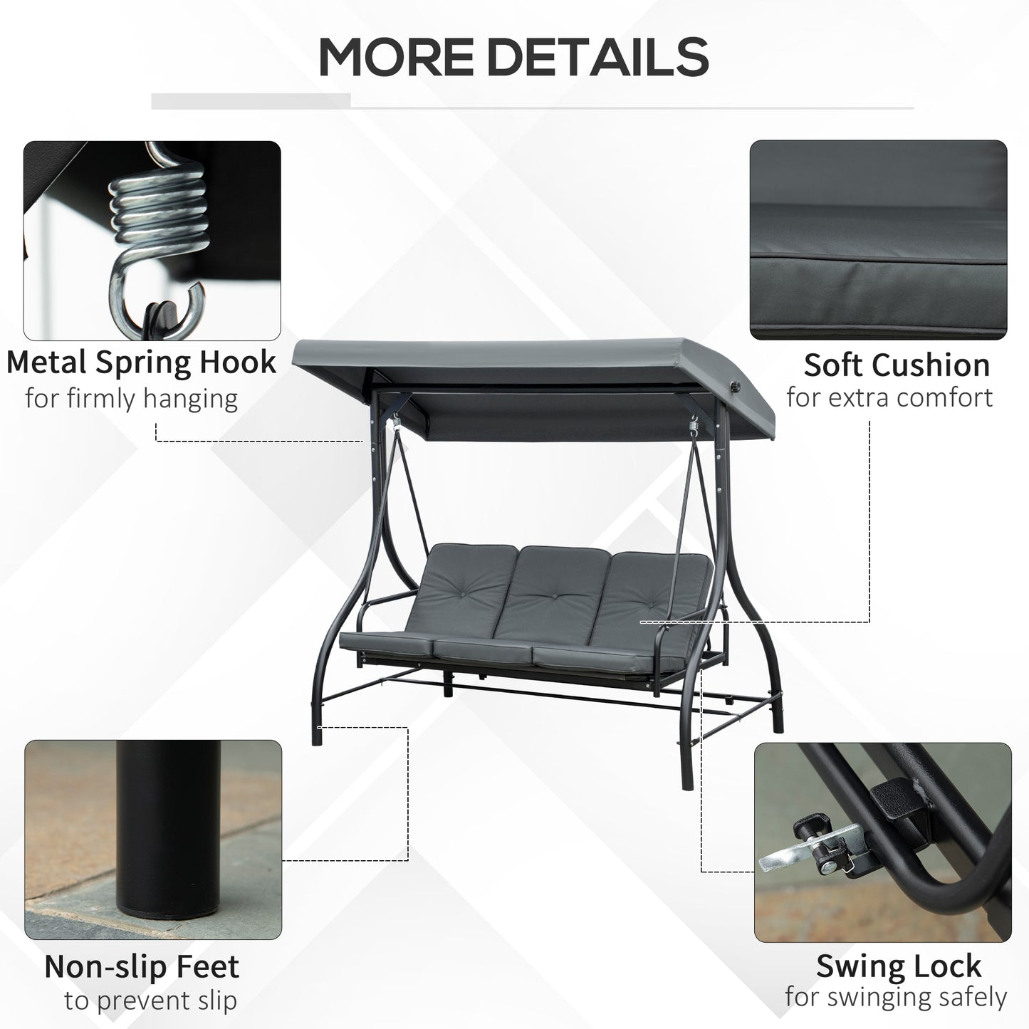 Outsunny 3 Seater Garden Swing Chair, 2 in 1 Convertible Patio Swing Seat Bed with Adjustable Canopy, Cushions and Metal Frame, Outdoor Hammock Bench Chair for Balcony, Terrace, Dark Grey