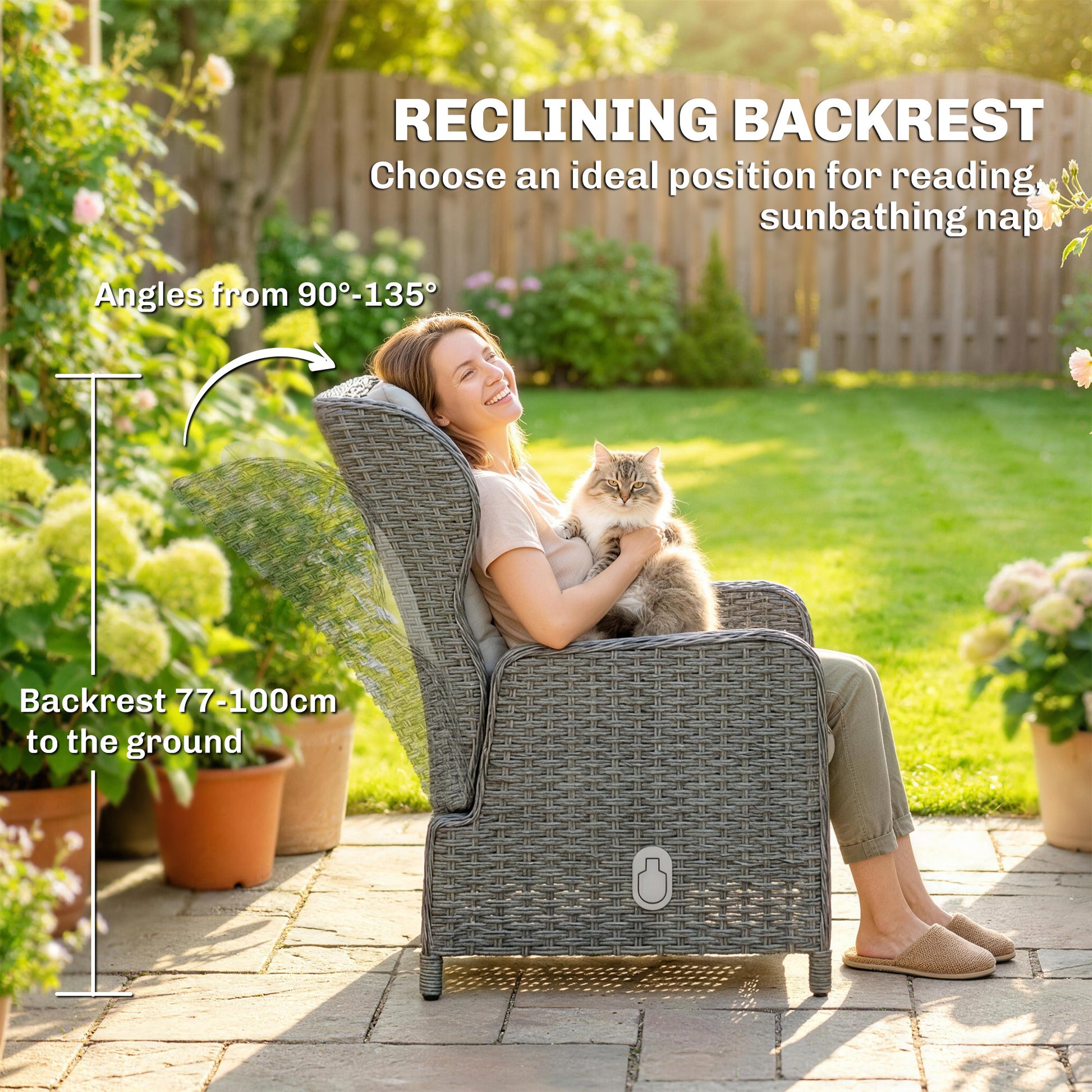 Outsunny Rattan Reclining Garden Chair Set of 2 with Footstool and Cushion for Balcony, Cream