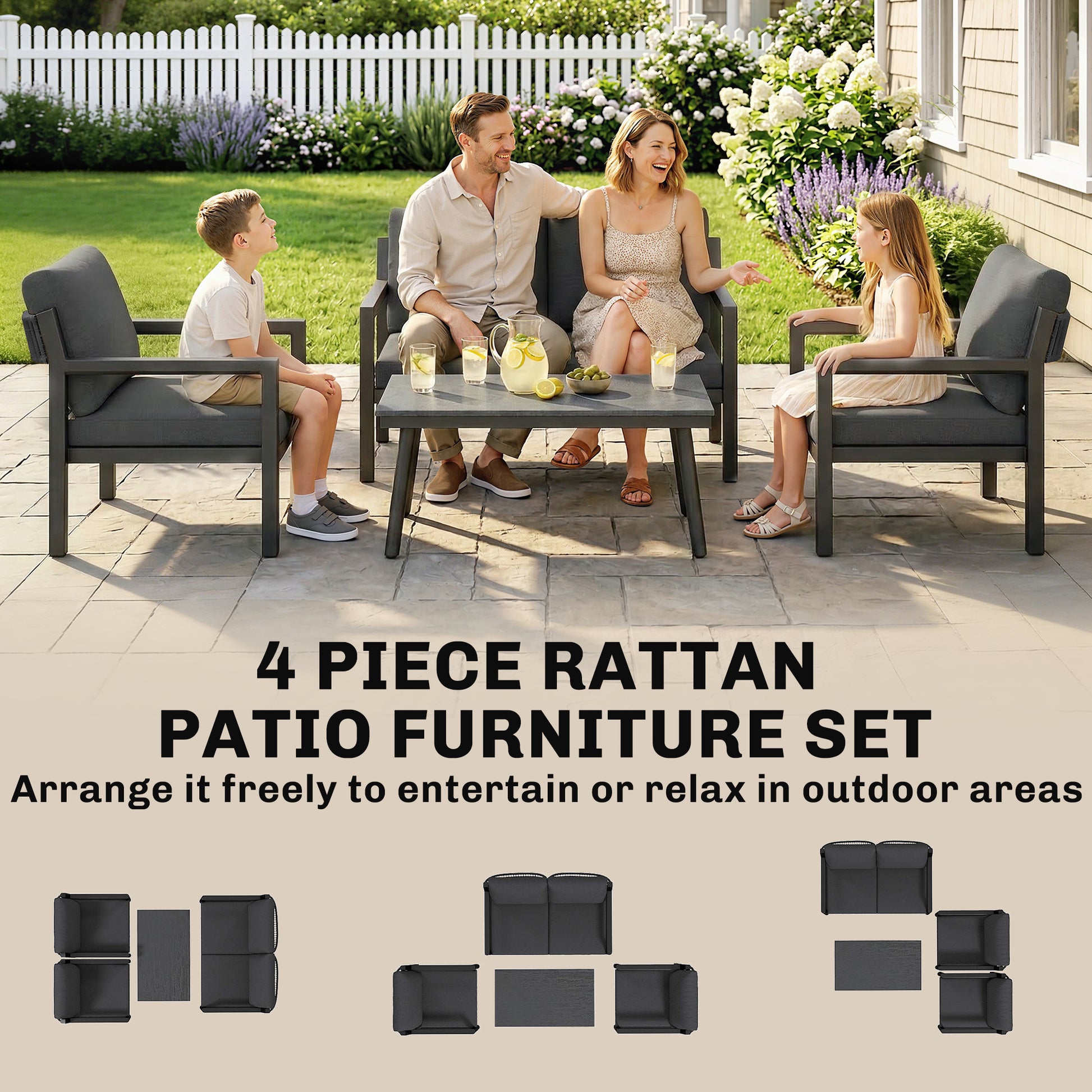 Outsunny 4 Seater Rattan Garden Furniture Set with 2 Armchairs, Loveseat, Coffee Table, Dark Grey