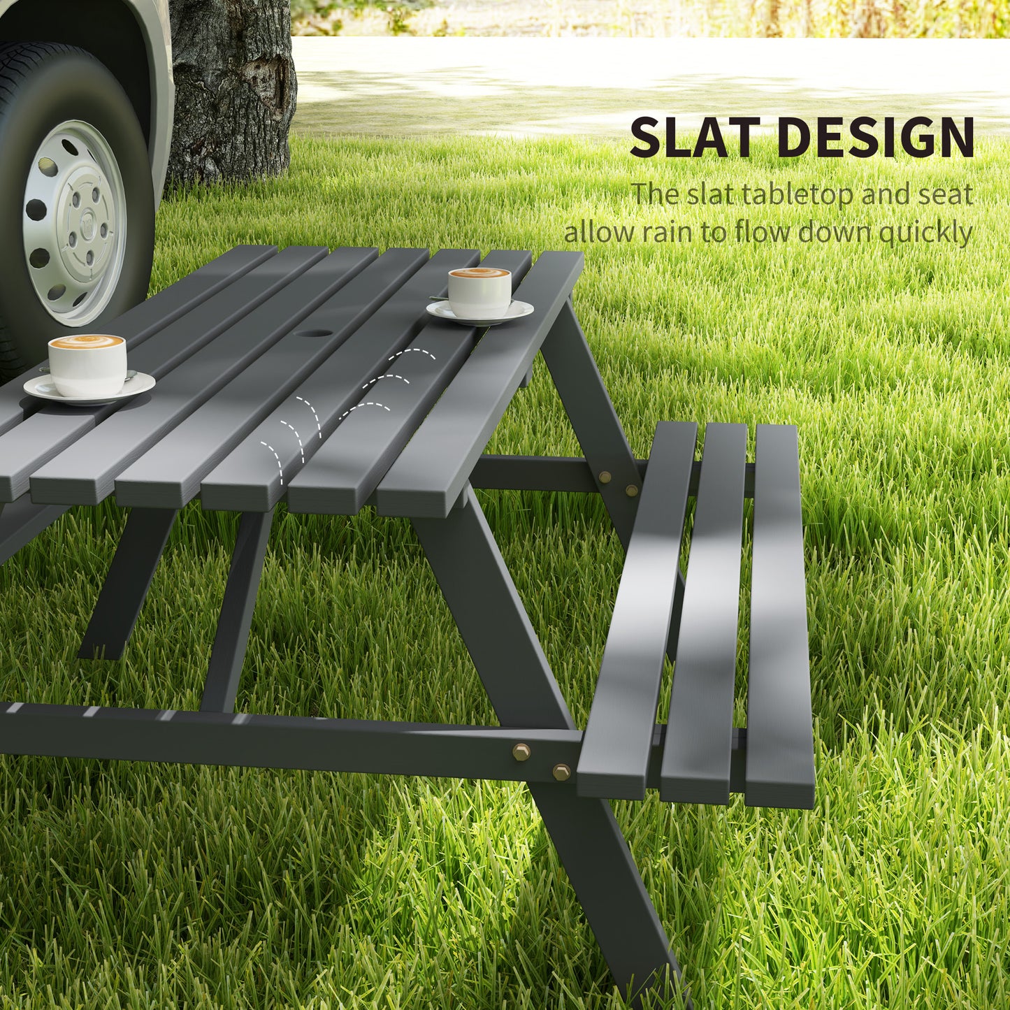 Outsunny 6 Seater Wooden Picnic Table Bench for Outdoor Garden or Patio with Parasol Cutout 150 cm Grey