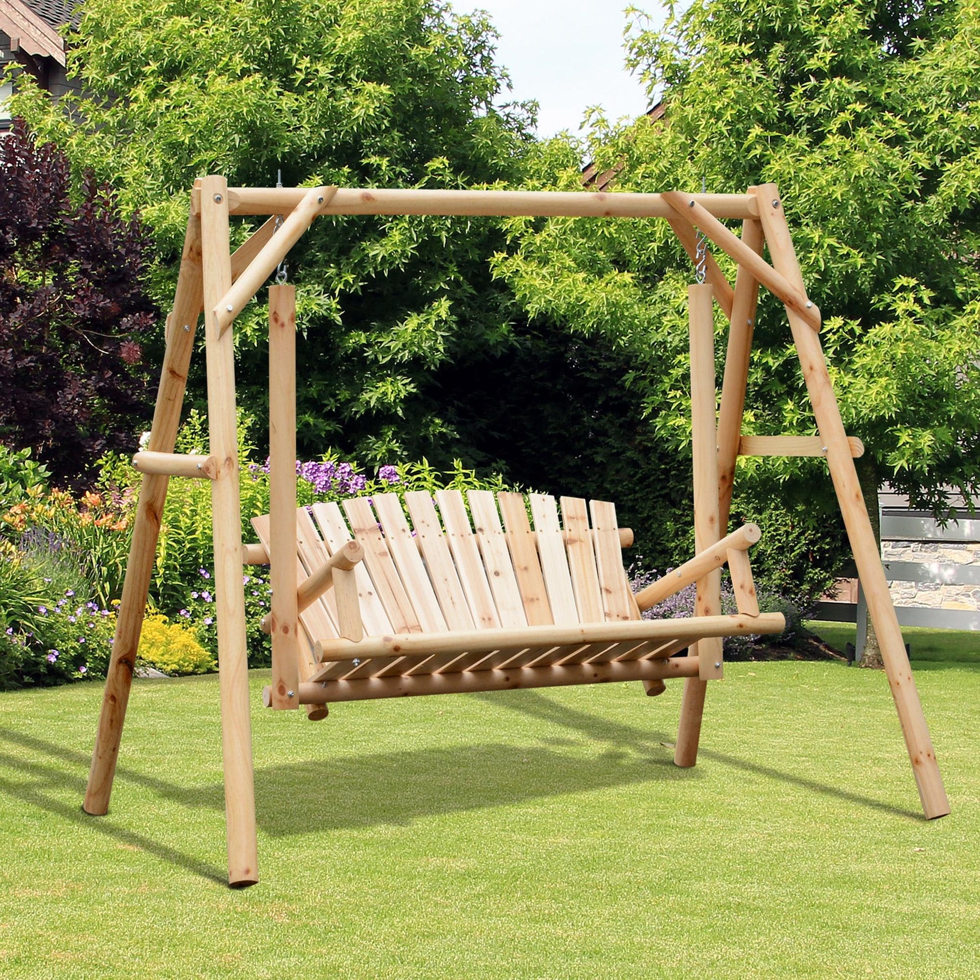 Marbella 2 Seater Wooden Garden Swing Chair, Larch Wood Porch Swing Seat Bench Lounger for Garden, 300kg Capacity