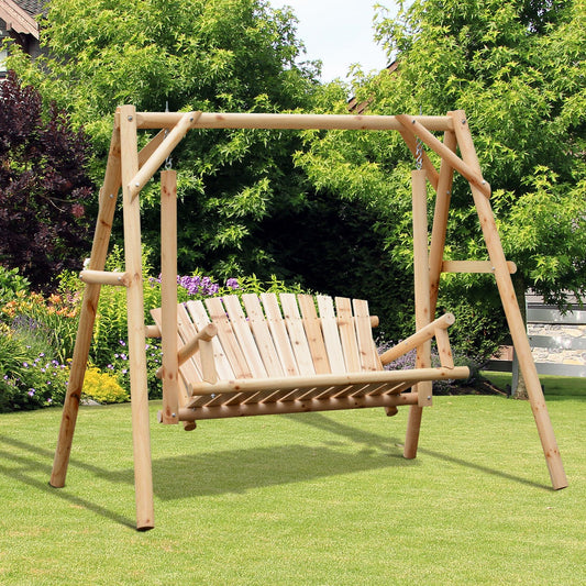 Marbella 2 Seater Wooden Garden Swing Chair, Larch Wood Porch Swing Seat Bench Lounger for Garden, 300kg Capacity