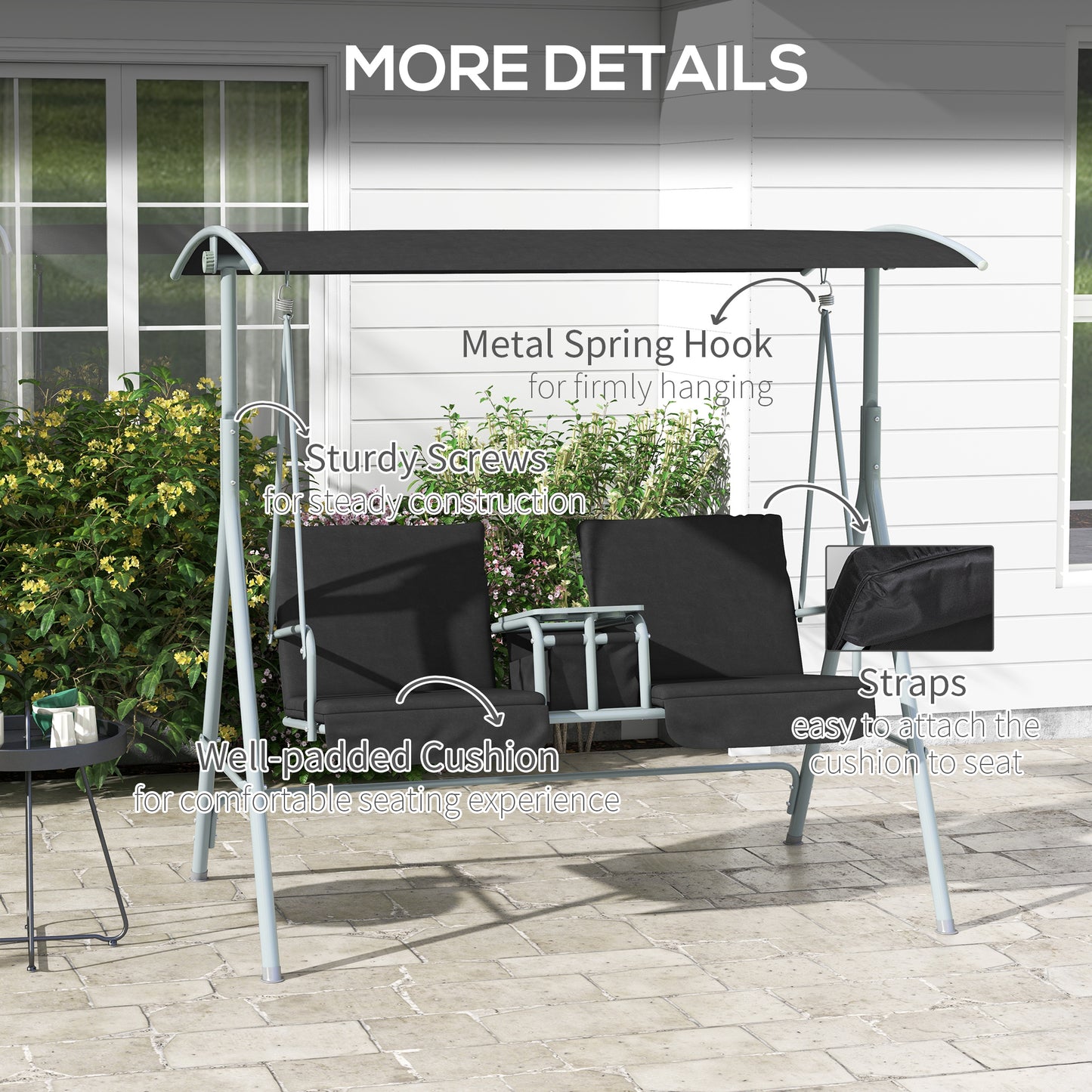 Outsunny 2 Seater Garden Swing Chair, Patio Swing Seat w/ Tilting Canopy, Double Padded Seats, Storage Bag and Tray For Garden Balcony Terrace Patio, Black