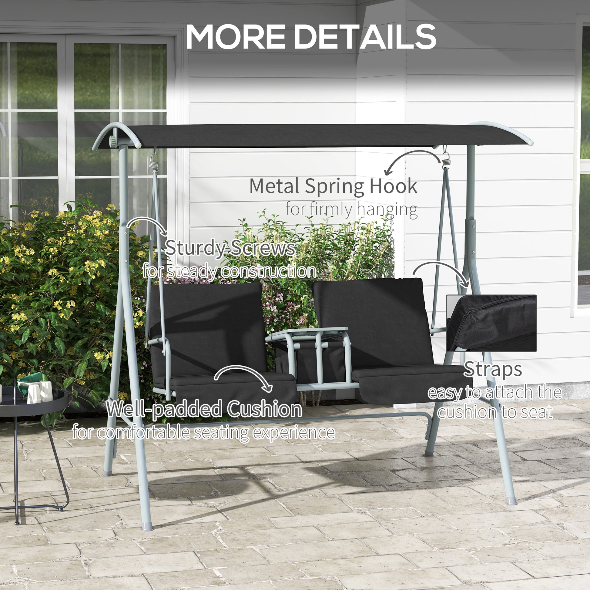 Outsunny 2 Seater Garden Swing Chair, Patio Swing Seat w/ Tilting Canopy, Double Padded Seats, Storage Bag and Tray For Garden Balcony Terrace Patio, Black