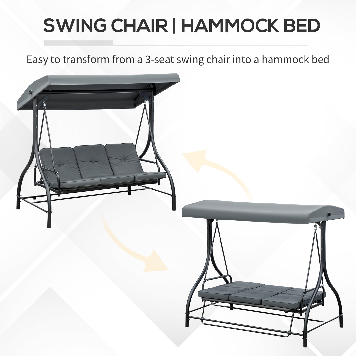 Outsunny 3 Seater Garden Swing Chair, 2 in 1 Convertible Patio Swing Seat Bed with Adjustable Canopy, Cushions and Metal Frame, Outdoor Hammock Bench Chair for Balcony, Terrace, Dark Grey
