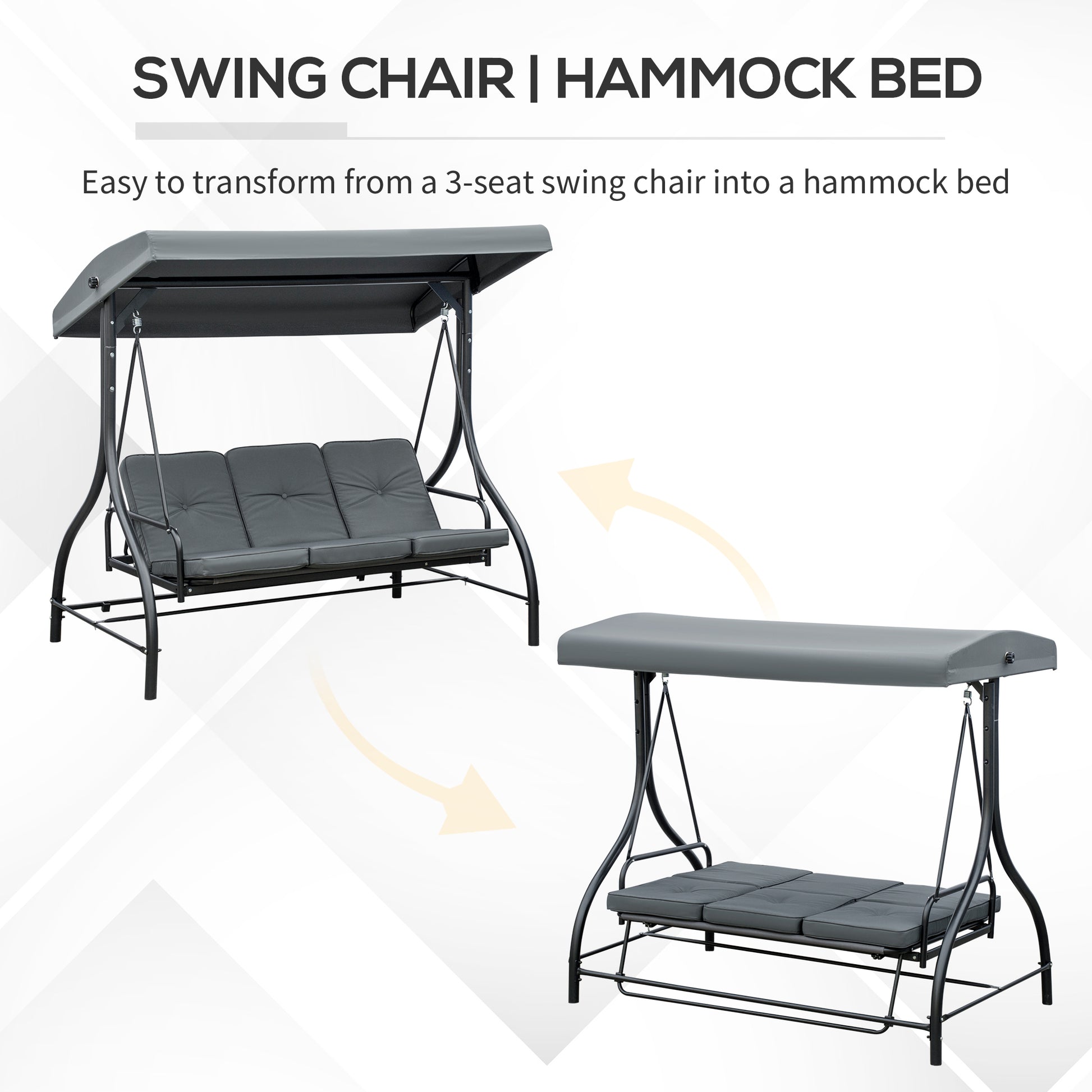 Outsunny 3 Seater Garden Swing Chair, 2 in 1 Convertible Patio Swing Seat Bed with Adjustable Canopy, Cushions and Metal Frame, Outdoor Hammock Bench Chair for Balcony, Terrace, Dark Grey