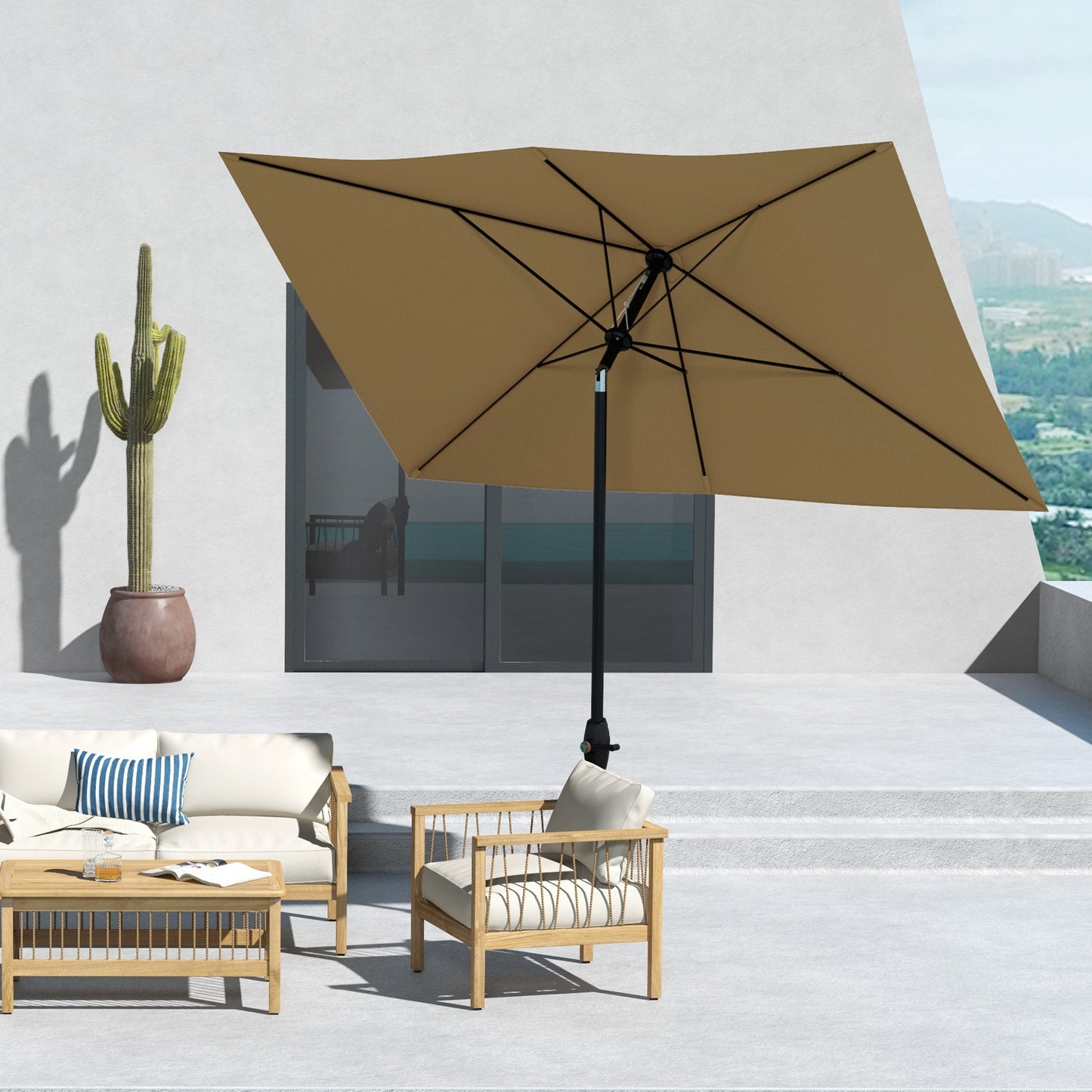 Outsunny 3 x 2 m Garden Parasol Umbrella with Aluminium Pole, UPF 50+ Rectangular Outdoor Table Parasol Sun Shade with Crank & Push Button Tilt, Metal Ribs, Brown