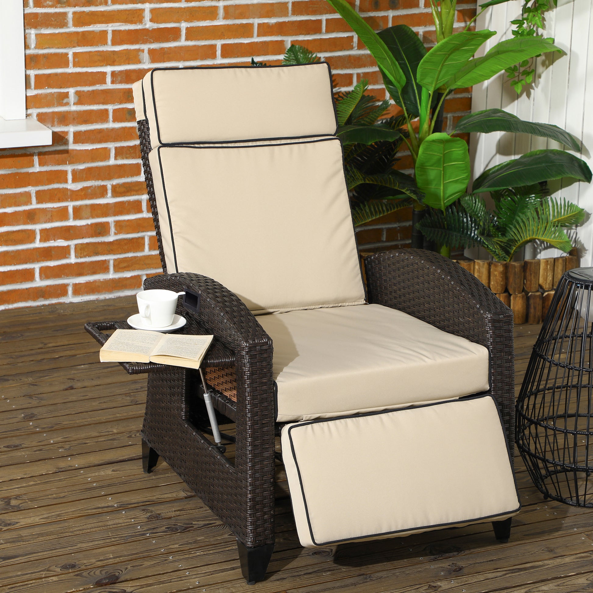 Portofino Outdoor Recliner Chair with Adjustable Backrest and Footrest, Cushion, Side Tray, Khaki/Brown