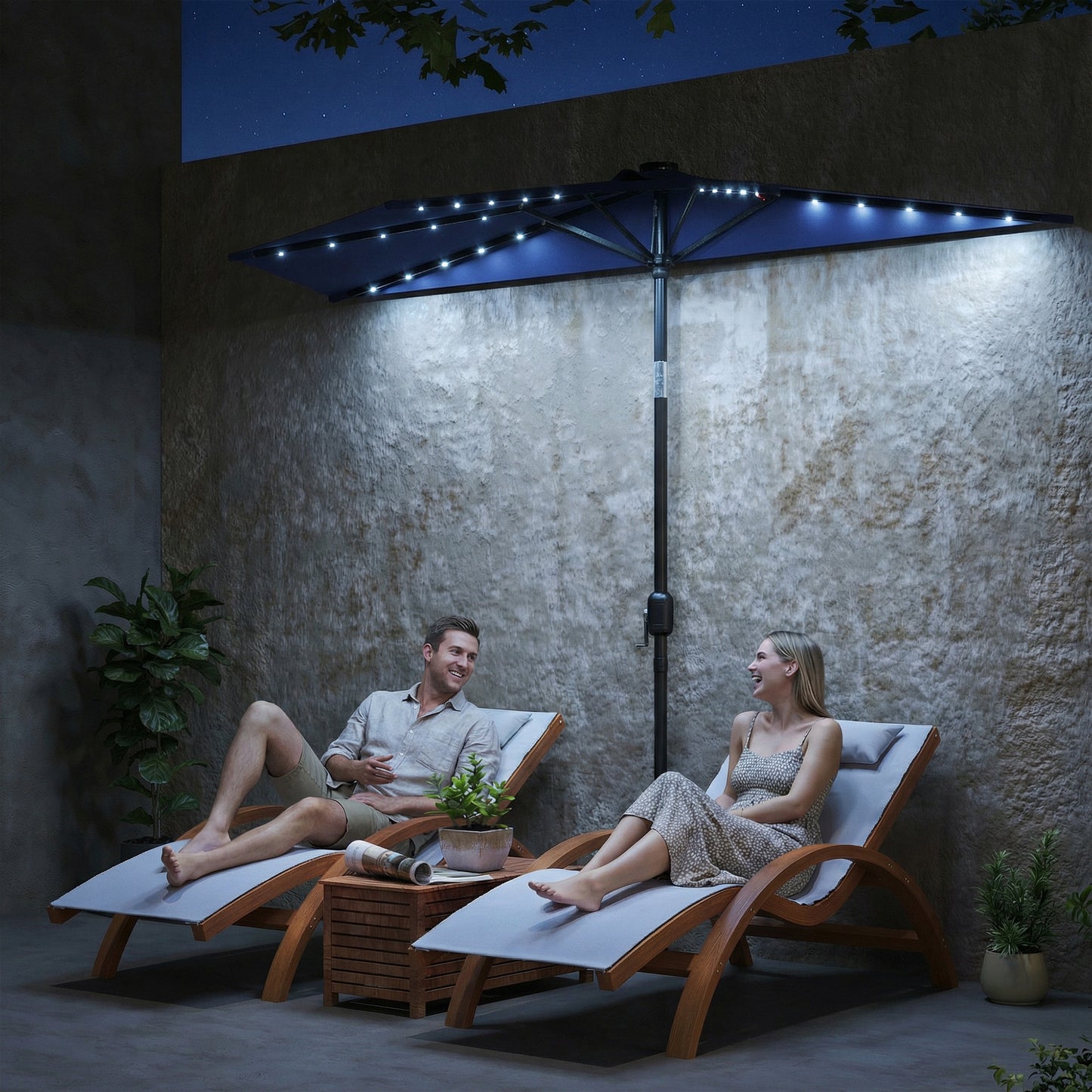 Mediterraneo 2.6 m Half Garden Parasol with Solar LED Lights, UPF50+ Semi Round Umbrella with 30° Tilt