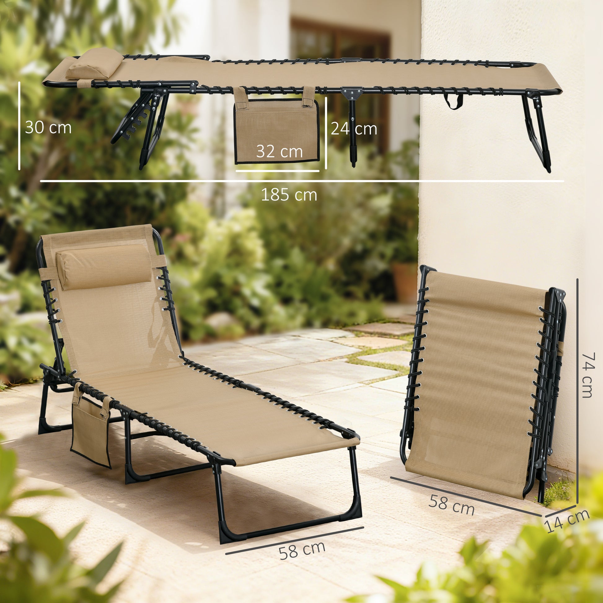 Outsunny Portable Sun Lounger, Folding Camping Bed Cot, Reclining Lounge Chair 5-position Adjustable Backrest with Side Pocket, Pillow for Patio Garden Beach Pool, Beige