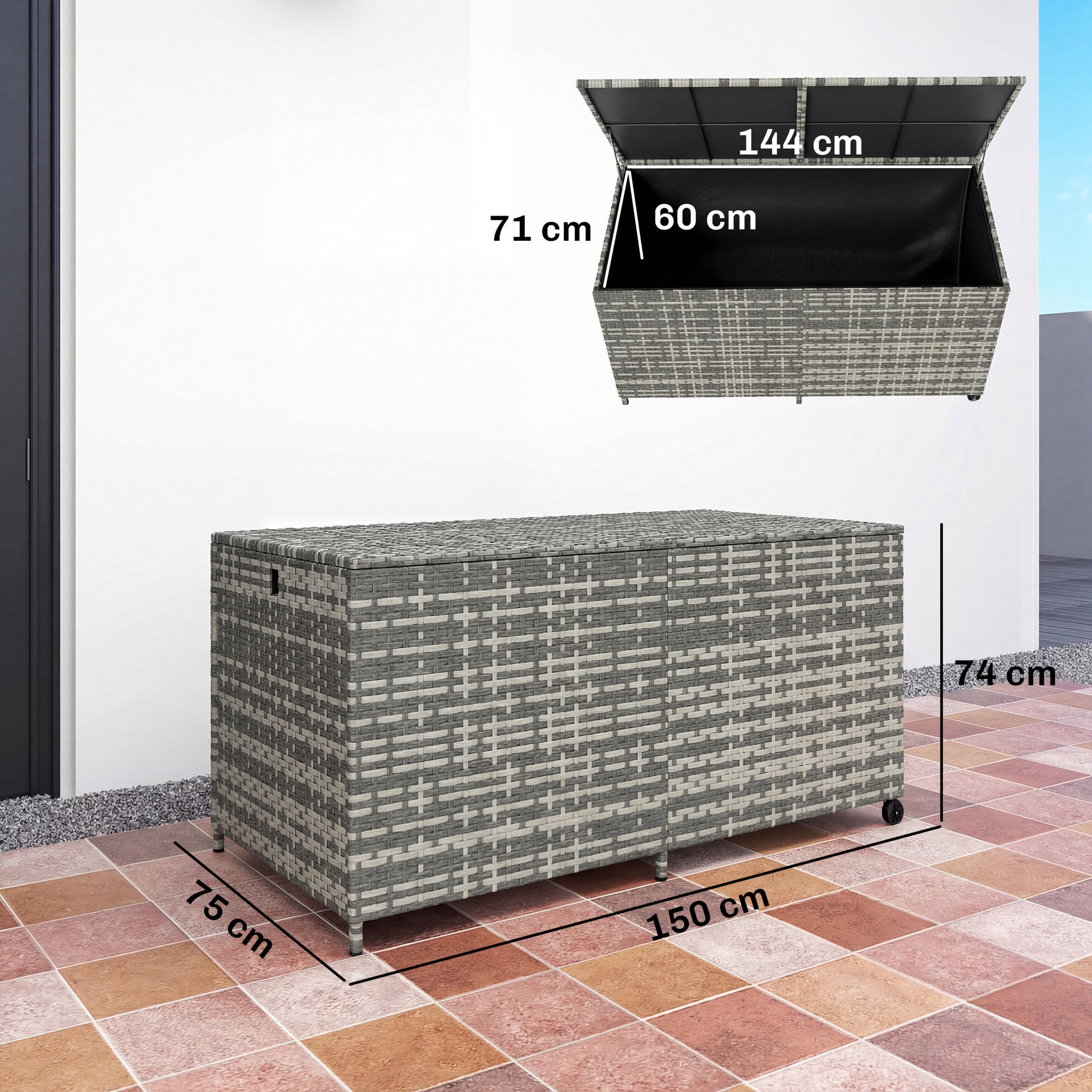 Outsunny - 650L Rattan Garden Storage Box, with Wheels, Mixed-Grey
