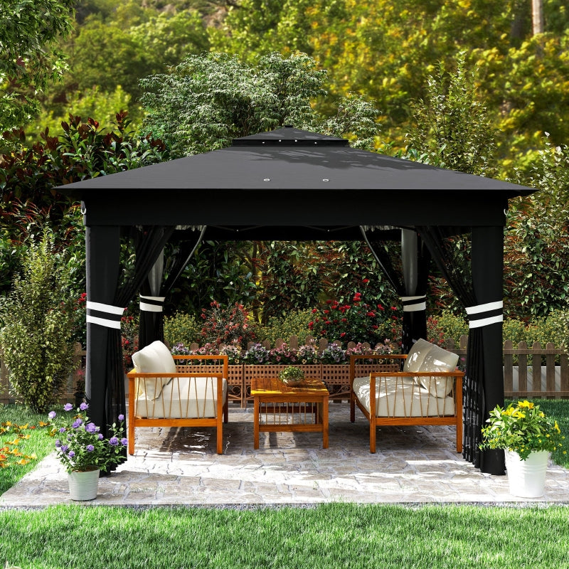 3m x 3m Pop Up Gazebo with Solar LED Lights – Black Outdoor Party Tent with Adjustable Height & Insect Netting