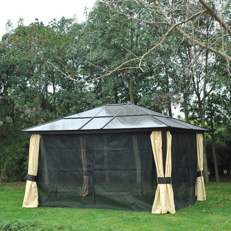 4.2m x 3.6m Aluminium Hardtop Gazebo with Polycarbonate Roof – Garden Pavilion with Curtains & Mosquito Netting