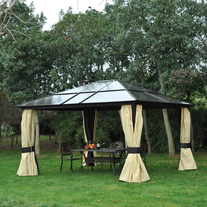 4.2m x 3.6m Aluminium Hardtop Gazebo with Polycarbonate Roof – Garden Pavilion with Curtains & Mosquito Netting