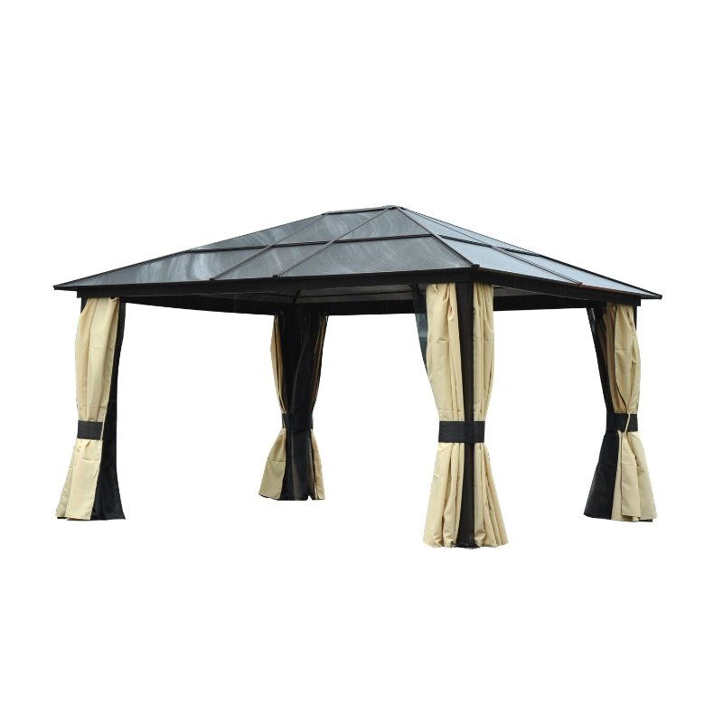 4.2m x 3.6m Aluminium Hardtop Gazebo with Polycarbonate Roof – Garden Pavilion with Curtains & Mosquito Netting