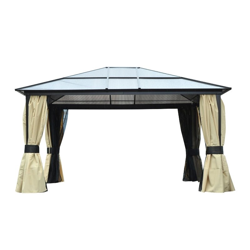 4.2m x 3.6m Aluminium Hardtop Gazebo with Polycarbonate Roof – Garden Pavilion with Curtains & Mosquito Netting
