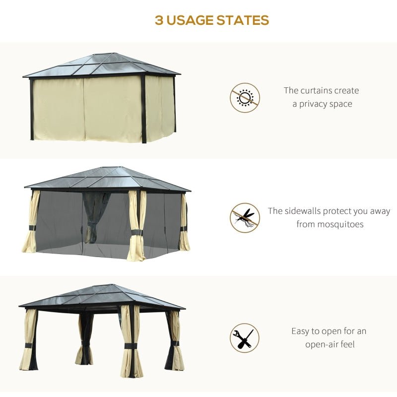 4.2m x 3.6m Aluminium Hardtop Gazebo with Polycarbonate Roof – Garden Pavilion with Curtains & Mosquito Netting