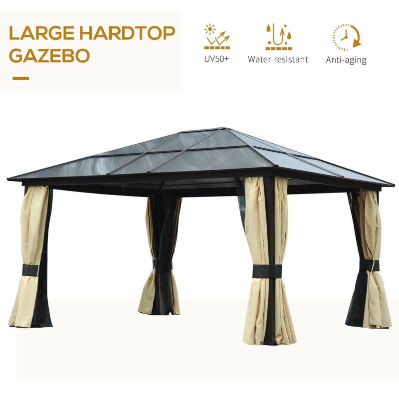 4.2m x 3.6m Aluminium Hardtop Gazebo with Polycarbonate Roof – Garden Pavilion with Curtains & Mosquito Netting