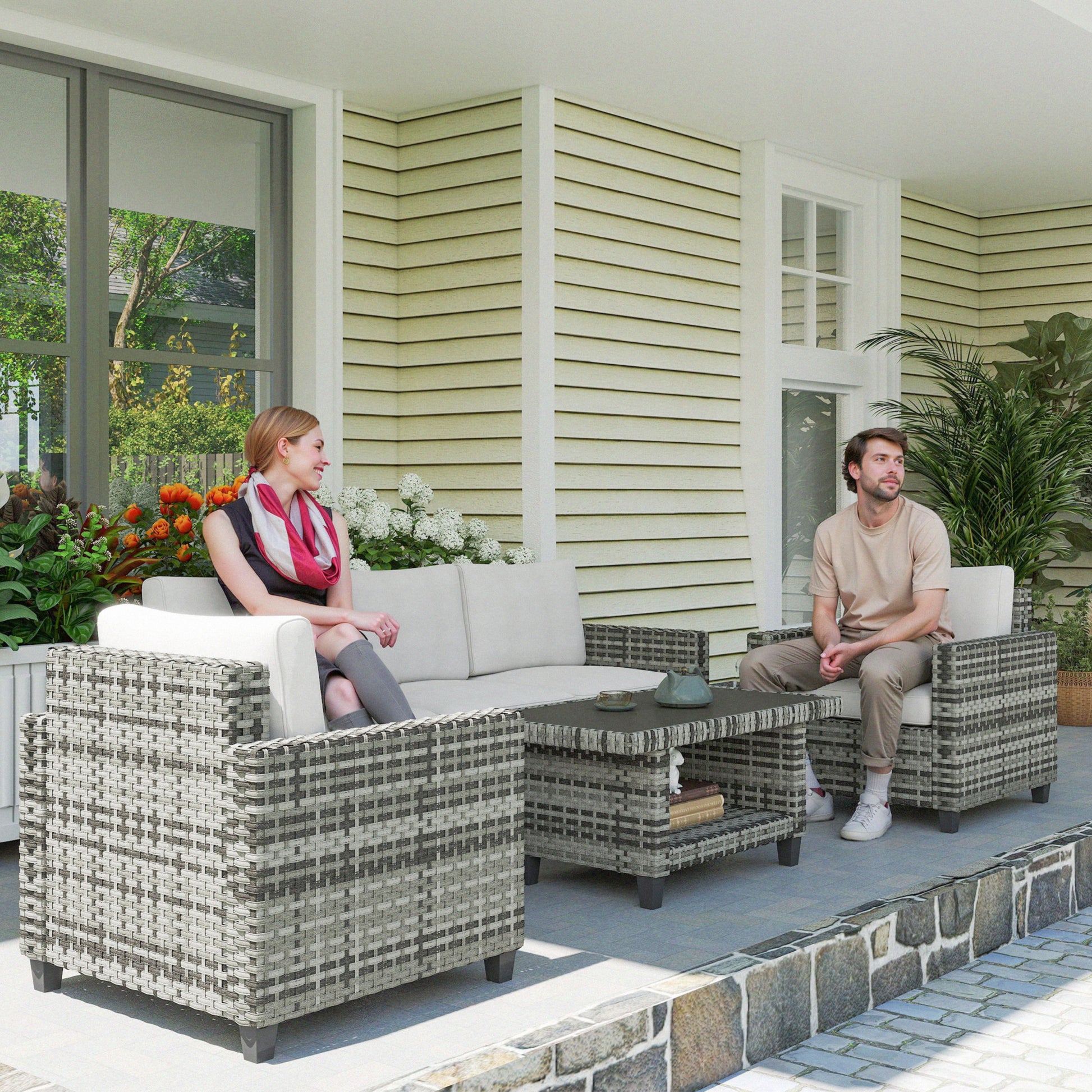 Portofino Six-Piece Modular Rattan Sofa Set 5-Seater Garden Furniture Set with Two-tier Table - Light Grey