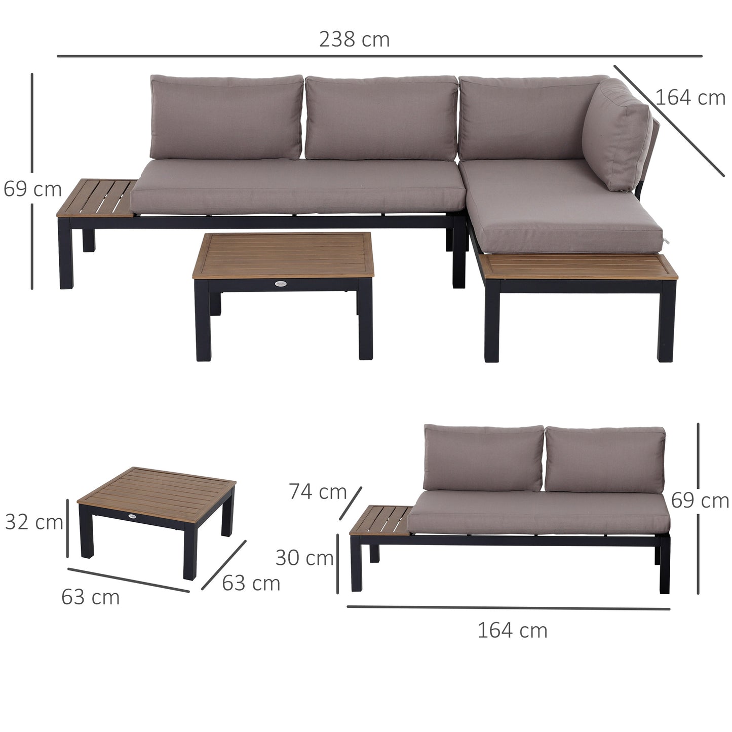 Outsunny 3 Pieces Garden Furniture Set, Aluminium 4 Seater Corner Sofa Set with 2 Loveseats, Black