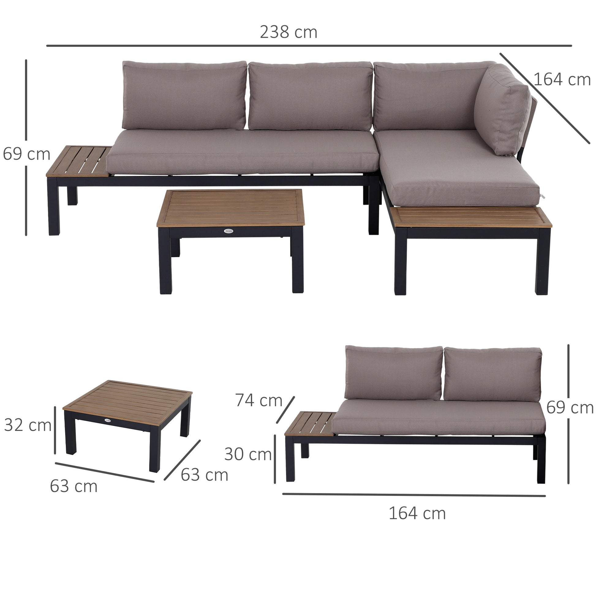 Outsunny 3 Pieces Garden Furniture Set, Aluminium 4 Seater Corner Sofa Set with 2 Loveseats, Black