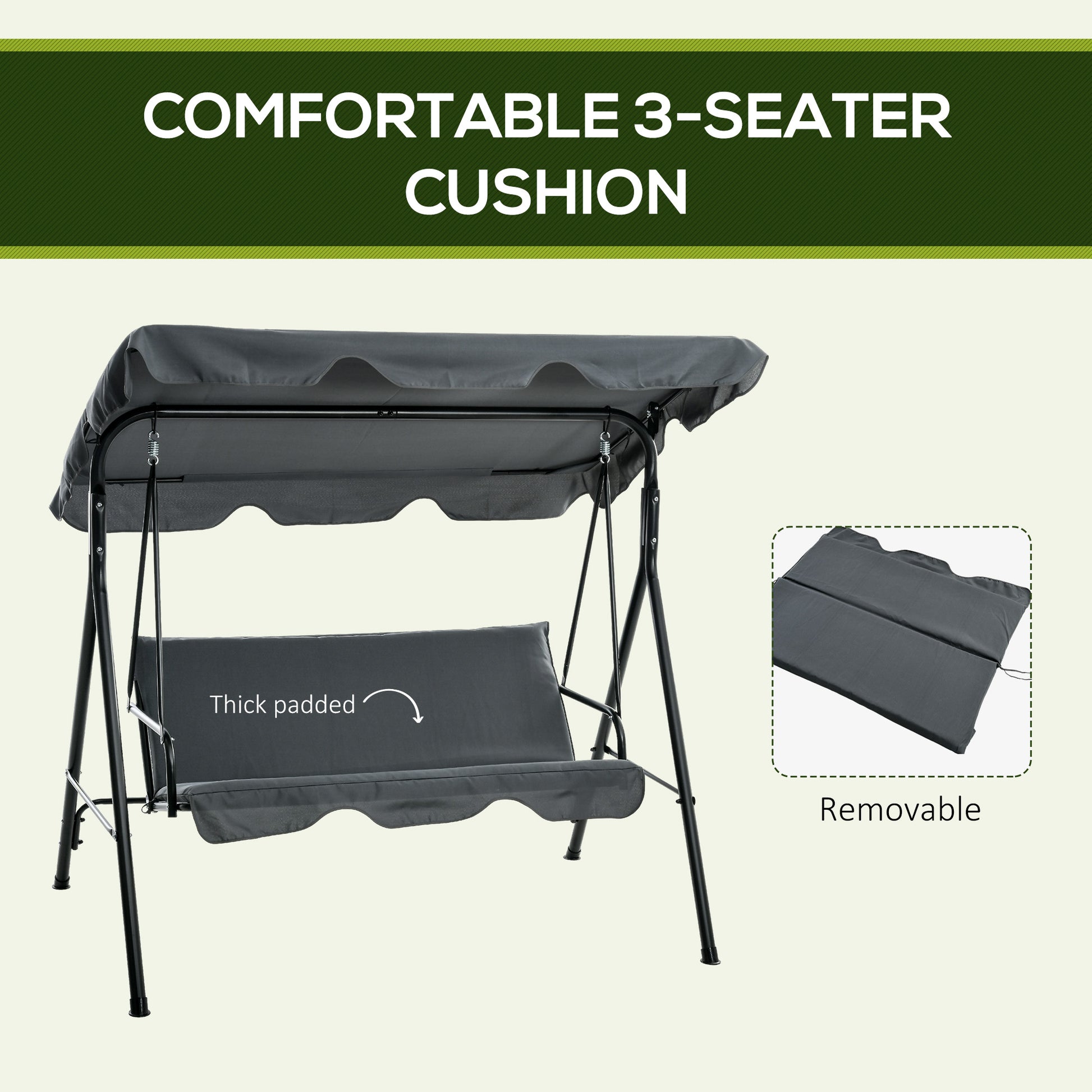 Outsunny 3 Seater Garden Swing Chair, Outdoor Swing Chair with Adjustable Canopy, Mental Frame & Cushions, Grey