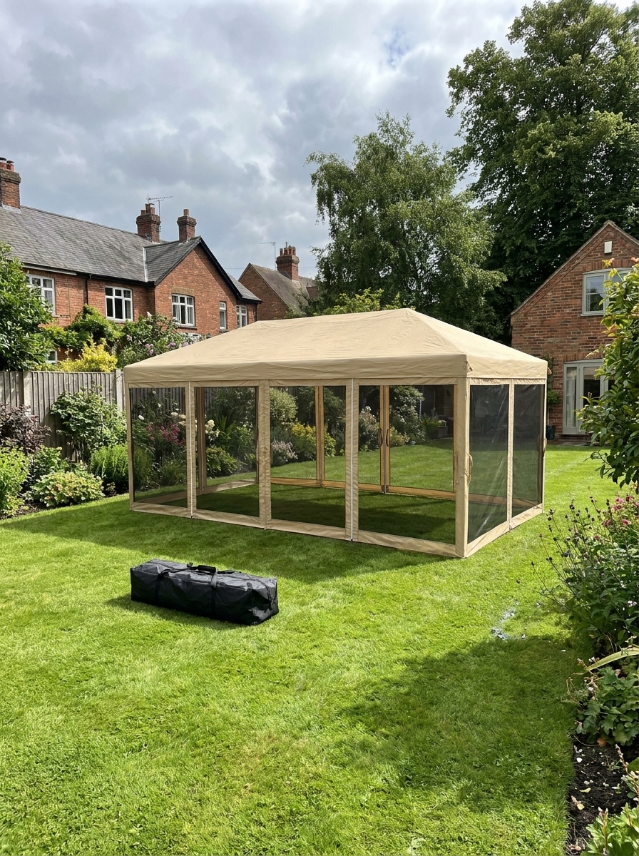 Beige 6m x 3m Pop Up Gazebo Marquee - Portable Garden Event Shelter with Mesh Curtain