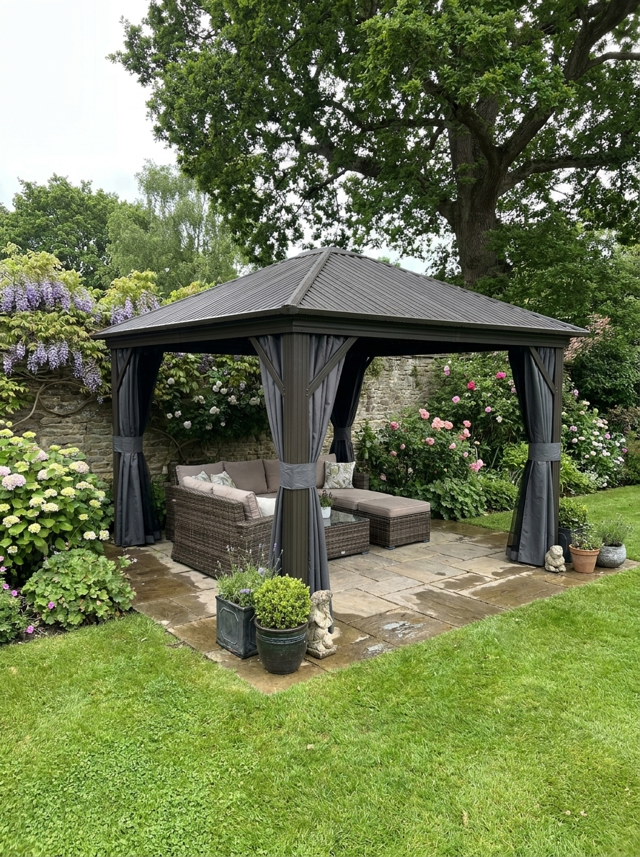 3.6m x 3m Dark Grey Hardtop Garden Gazebo with Aluminium Frame, Metal Roof, Privacy Curtains & Insect Mesh Panels