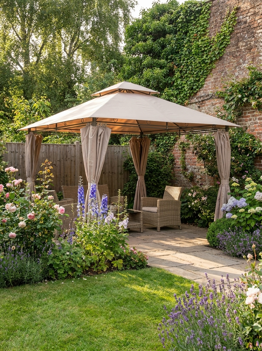4m x 3m Garden Gazebo with LED Solar Lights - Double Tier Roof Outdoor Party Shelter with Curtains