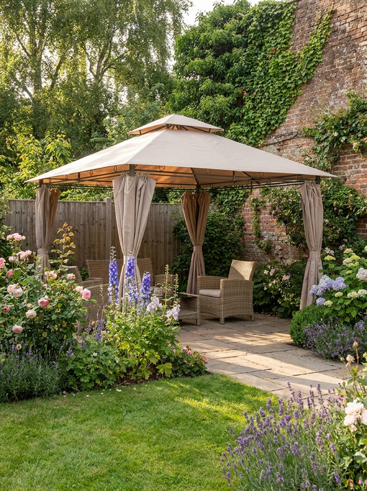 4m x 3m Garden Gazebo with LED Solar Lights - Double Tier Roof Outdoor Party Shelter with Curtains