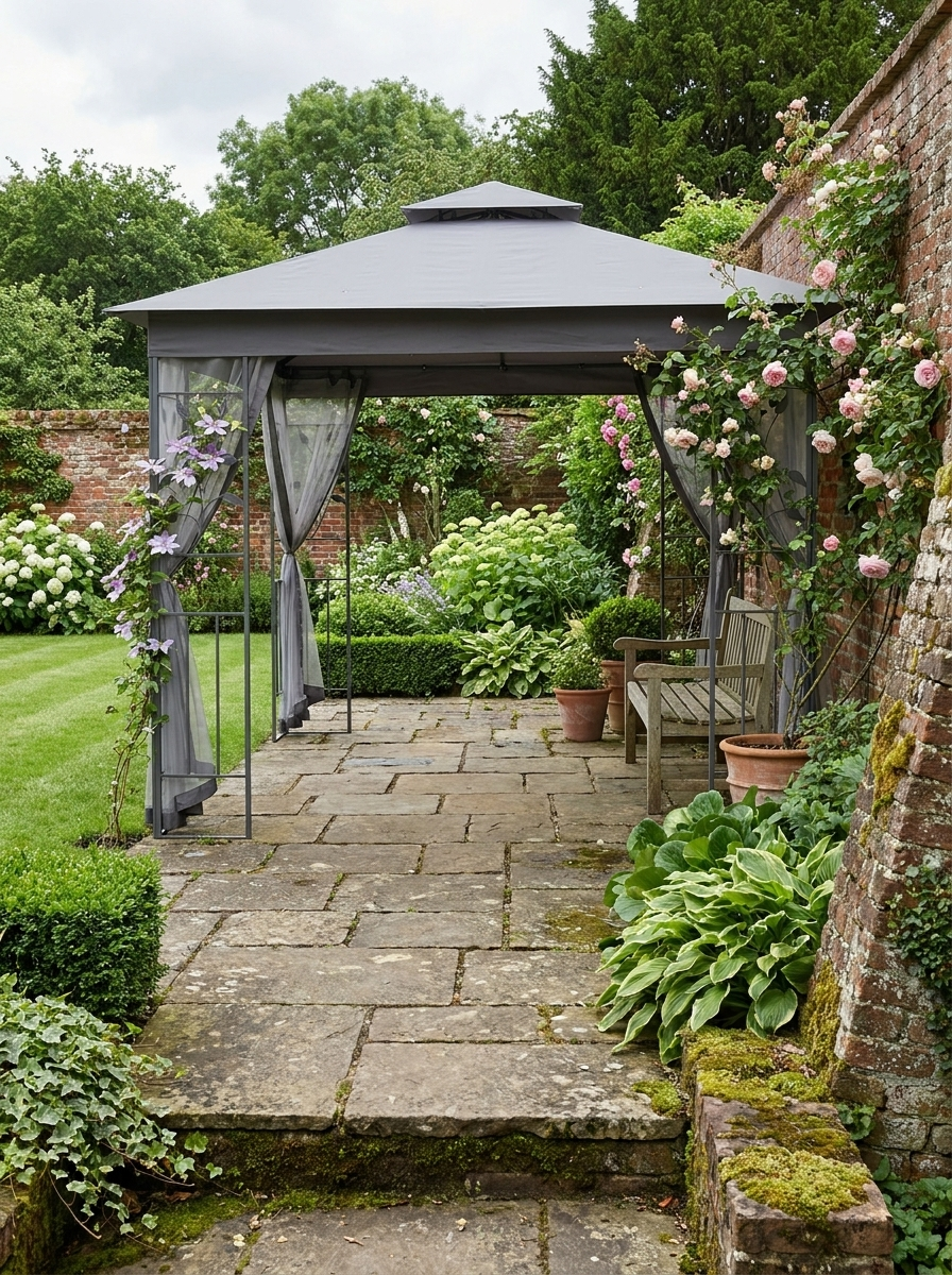 3m x 3m Grey Steel Frame Garden Gazebo – Double Tier Canopy Shelter with UV Protection, Mesh Curtains & Outdoor Party Pavilion