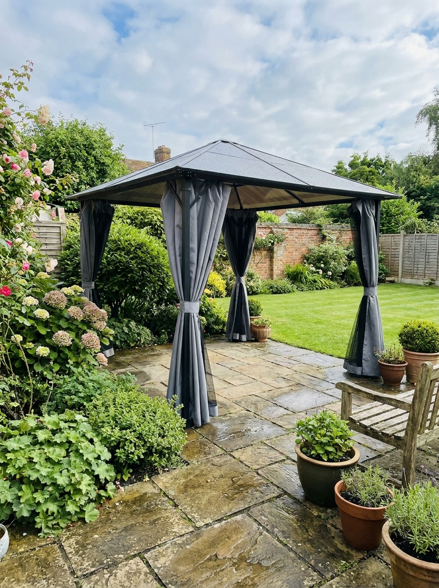 3m x 3m Hardtop Gazebo with Polycarbonate Roof - Aluminium Frame Garden Shelter with Curtains & Mesh Netting