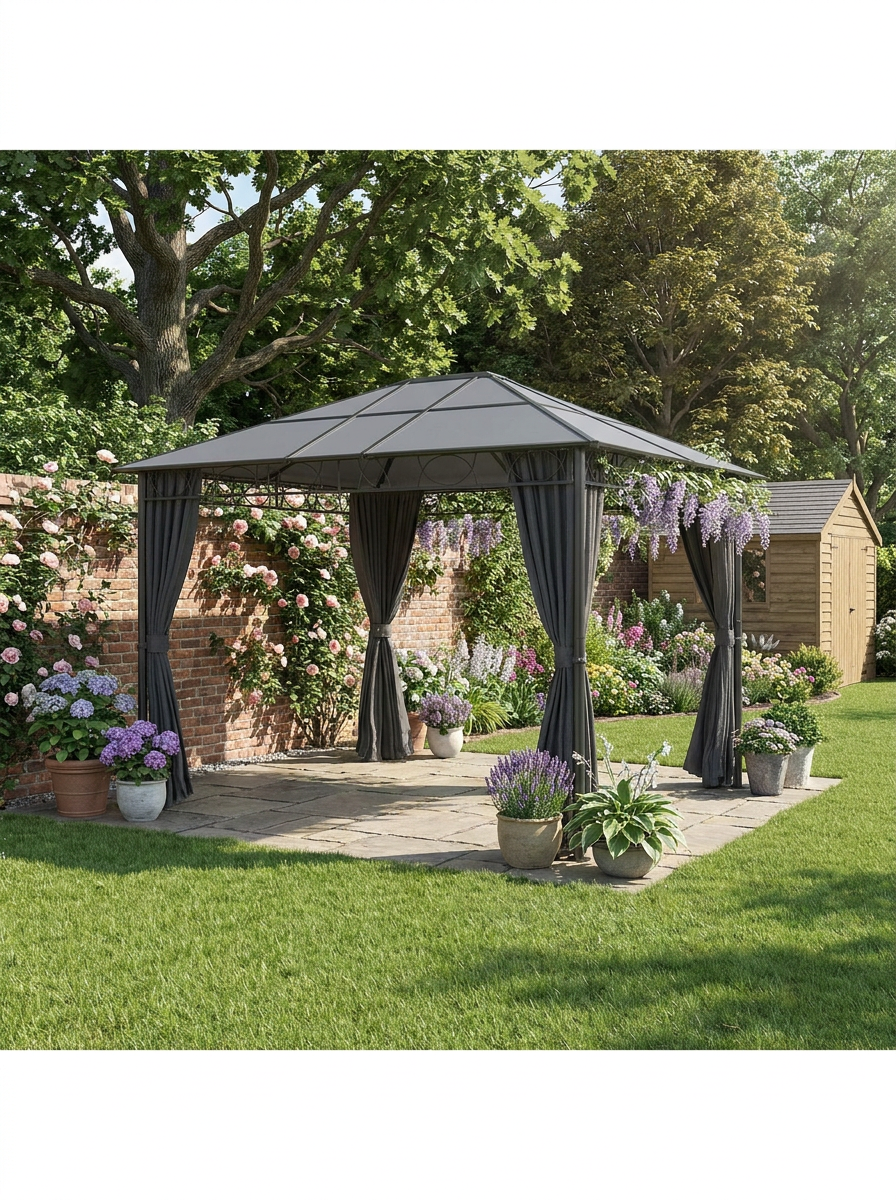 3m x 4m Grey Hardtop Gazebo with Polycarbonate Roof, Steel & Aluminium Fram
