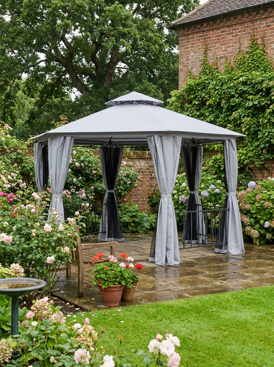 3m x 3m Hexagonal Garden Gazebo with Privacy Curtains & Mesh Insect Screens – Grey Steel Frame Pavilion