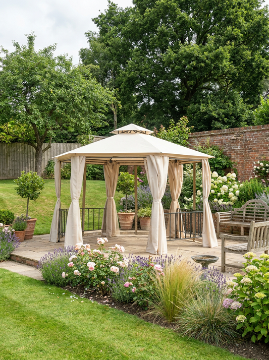 3m x 3m Beige Hexagonal Garden Gazebo with Curtains, Mesh Netting & Double-Tier Canopy