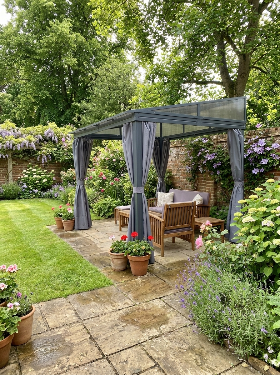 4m x 3m Wall Mounted Aluminium Pergola with Polycarbonate Roof - Outdoor Hardtop Patio Shelter with Curtains