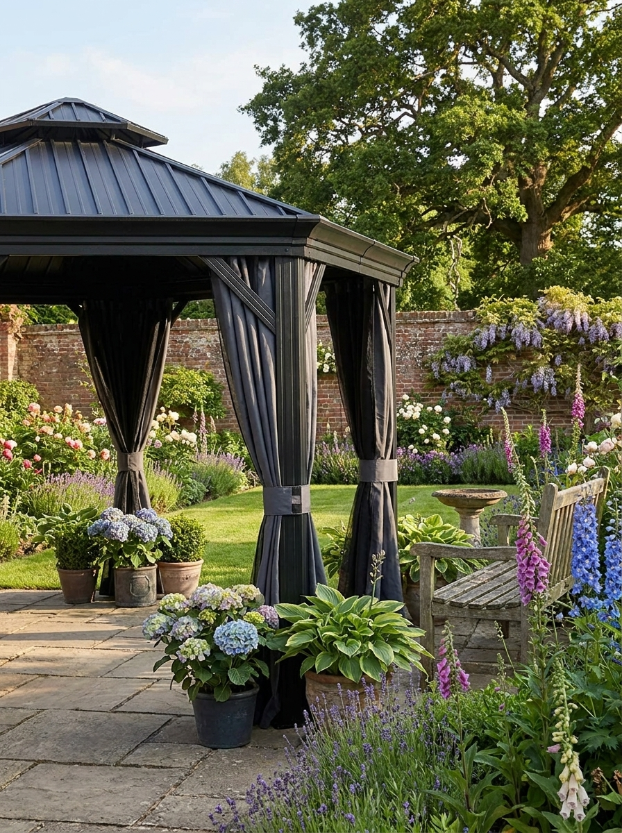 3.65m x 3m Dark Grey Aluminium Hardtop Garden Gazebo – Galvanised Steel Roof Pavilion with Double-Tier Ventilation, Curtains & Insect Netting