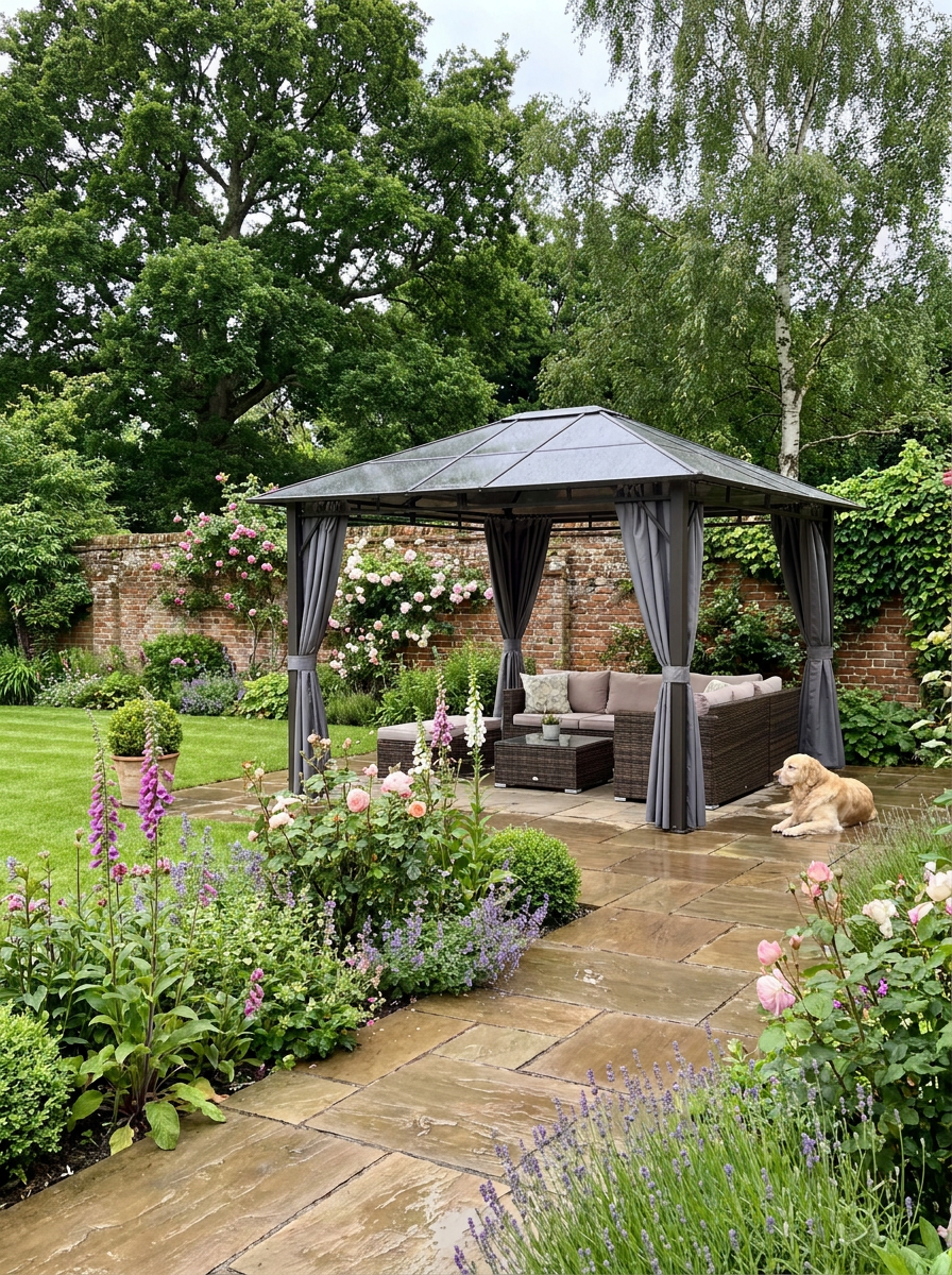 Dark Grey 3m x 3.6m Hardtop Gazebo - Polycarbonate Roof Garden Pavilion with Removable Privacy Curtains