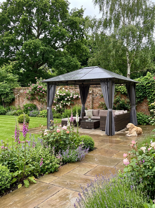 Dark Grey 3m x 3.6m Hardtop Gazebo - Polycarbonate Roof Garden Pavilion with Removable Privacy Curtains